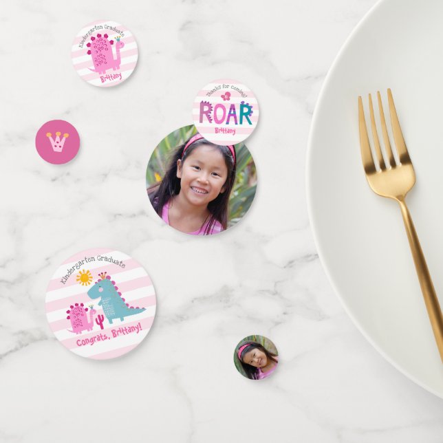 Kindergarten Graduation Pink Dinosaur Girl 2 Photo Confetti (Group)