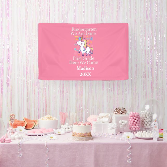 Kindergarten Graduation Pink Girly Unicorn Party Banner (Party)