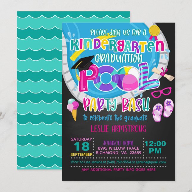 Kindergarten Graduation Pool Party - Girl Blk Invitation (Front/Back)
