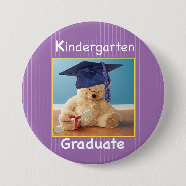 Kindergarten Graduation Teddy Bear on Purple 7.5 Cm Round Badge (Front)