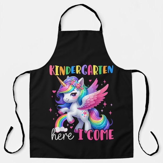 Kindergarten Here I Come Unicorn Back to School Apron (Front)