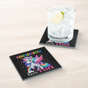 Kindergarten Here I Come Unicorn Back to School Glass Coaster