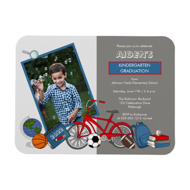 Kindergarten Photo Boy Graduation Party Invitation Magnet (Horizontal)