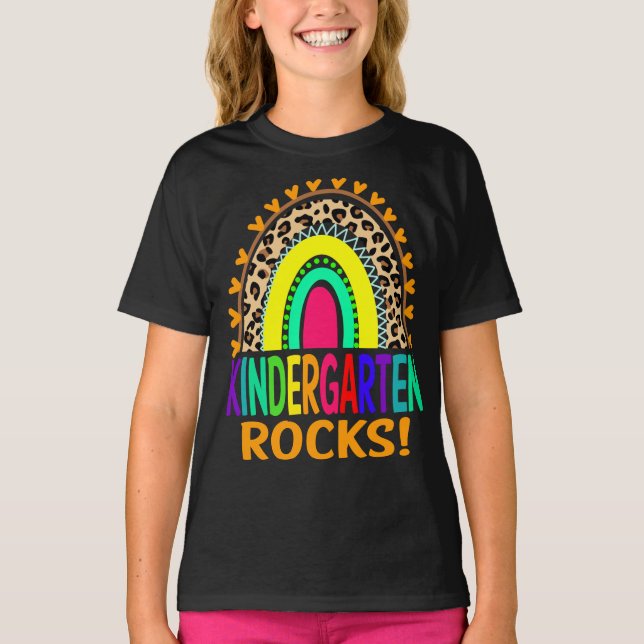 Kindergarten Rocks Rainbow Leopard Back To School  T-Shirt (Front)
