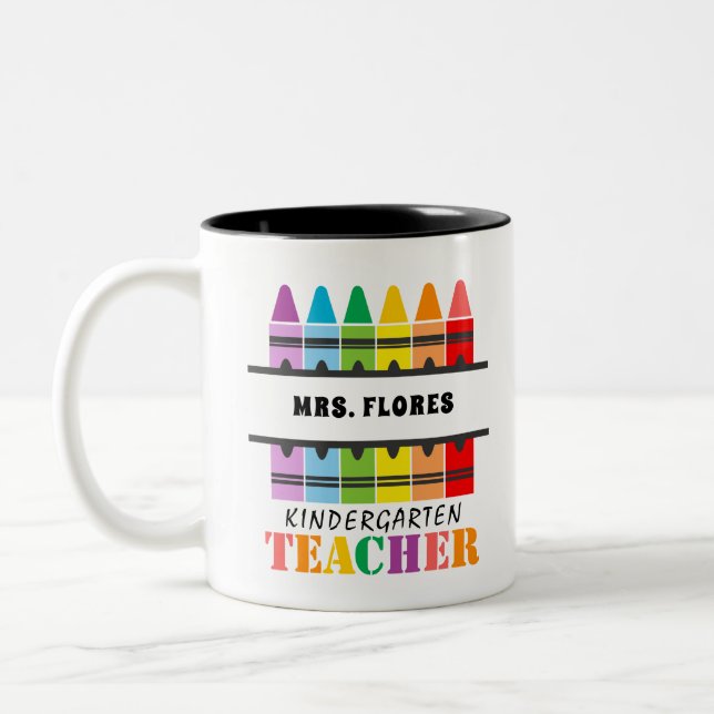 Kindergarten Teacher Colourful Crayons Personalise Two-Tone Coffee Mug (Left)