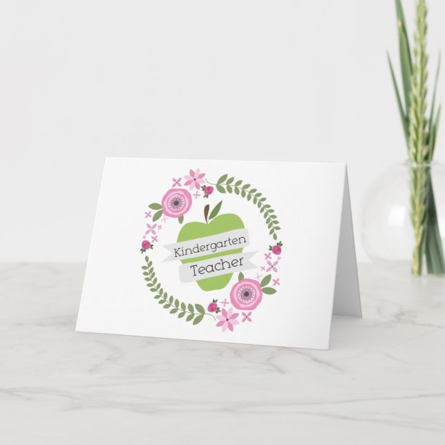 Kindergarten Teacher Green Apple Floral Wreath Holiday Card (Front)