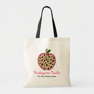 Kindergarten Teacher Leopard Print & Pink Apple Tote Bag
