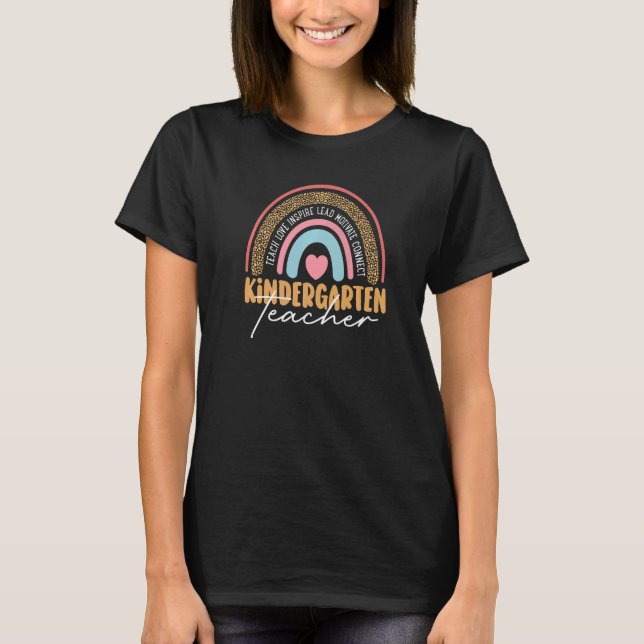 Kindergarten Teacher Leopard Rainbow Teacher T-Shirt (Front)