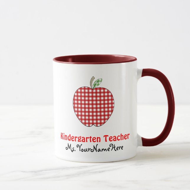 Kindergarten Teacher Mug - Red Gingham Apple (Right)
