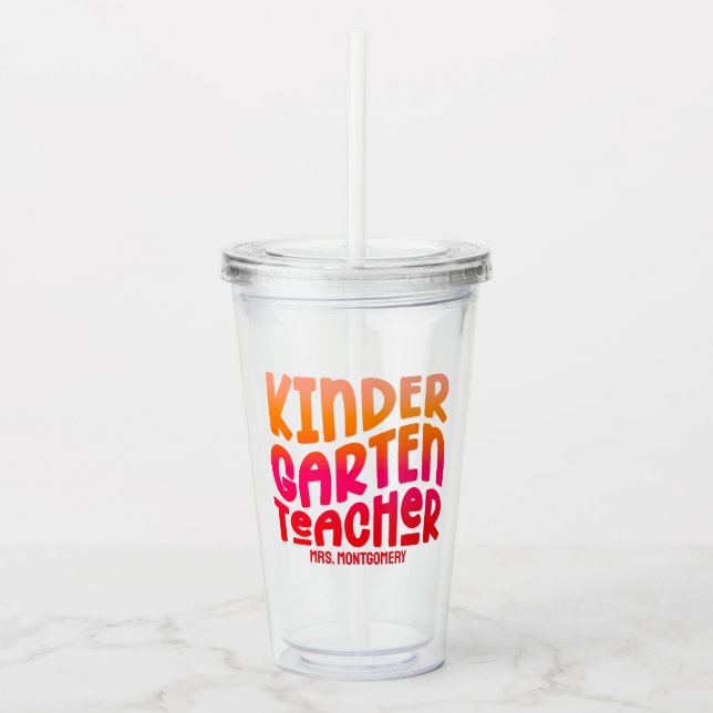 Kindergarten Teacher Orange Red Ombre Text Design Acrylic Tumbler (Front)