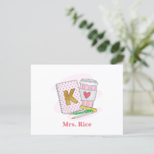 Kindergarten Teacher Pink Dot Preppy Book Coffee Postcard