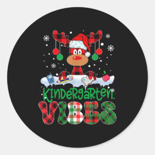 Kindergarten Vibes Teacher Buffalo Plaid Reindeer  Classic Round Sticker