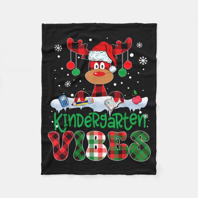 Kindergarten Vibes Teacher Buffalo Plaid Reindeer  Fleece Blanket (Front)
