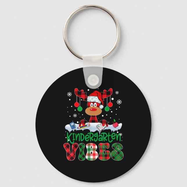 Kindergarten Vibes Teacher Buffalo Plaid Reindeer  Key Ring (Front)