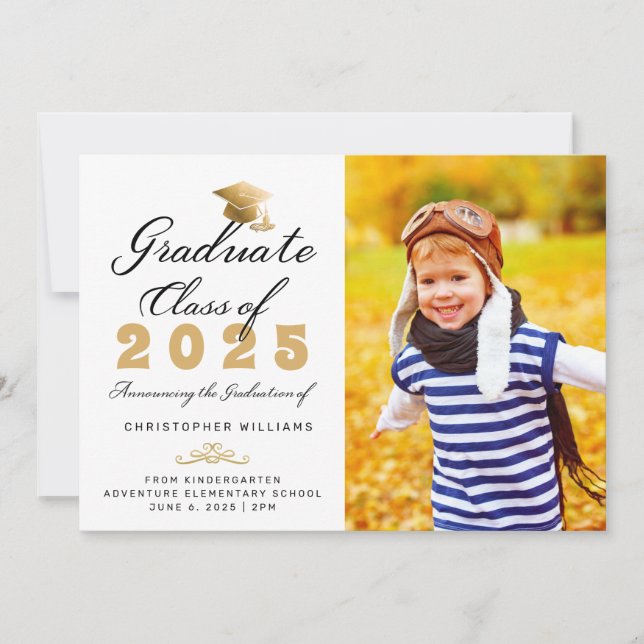 Kindergarten White Gold Script Photo Graduation Announcement (Front)