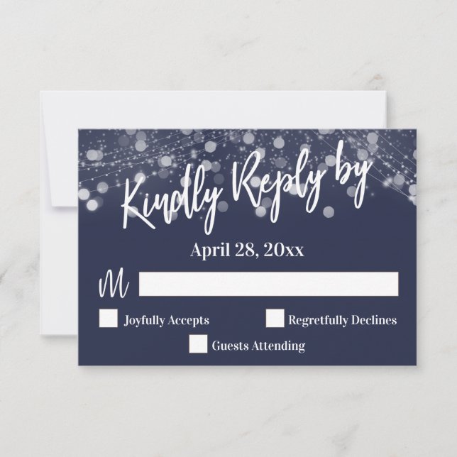 Kindly Reply by Typography Sparkling Lights Navy RSVP Card (Front)