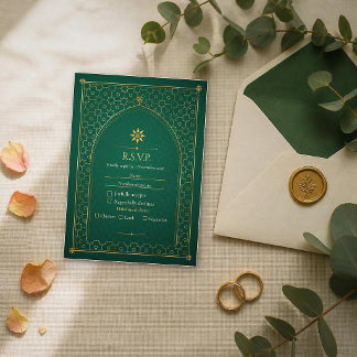 Kindly Reply Emerald Gold Islamic Wedding RSVP Card