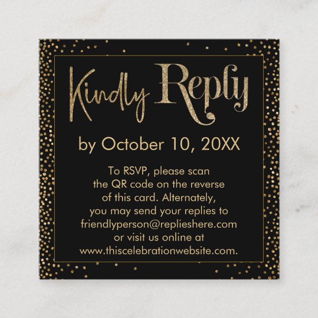 Kindly Reply Festive Confetti QR Code Black RSVP Enclosure Card (Front)