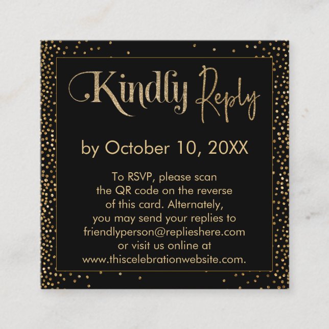 Kindly Reply Festive Confetti QR Code on Black Enclosure Card (Front)