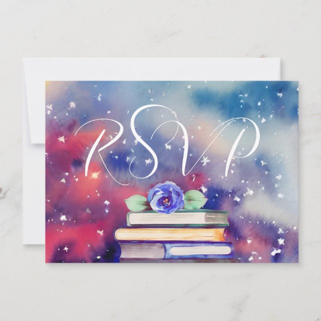   Kindly Reply Watercolor Books Wedding RSVP Cards (Front)