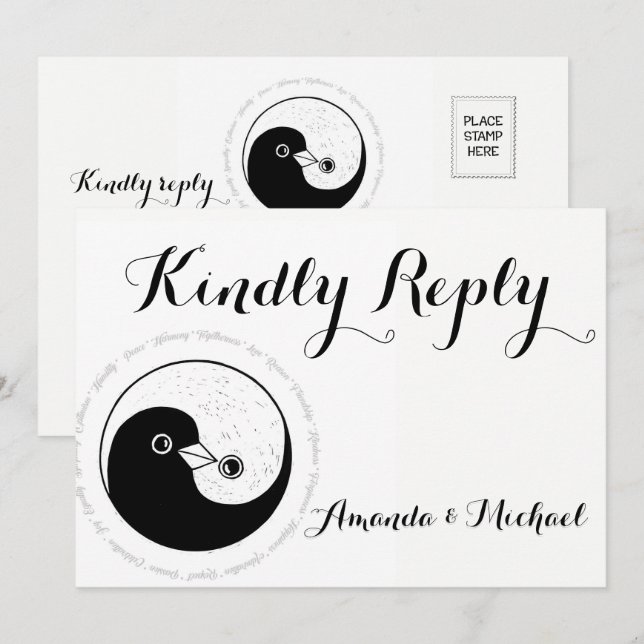 KINDLY REPLY WEDDING CARD b/w YinYang doves Harmo (Front/Back)