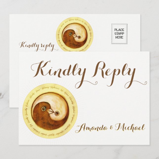 KINDLY REPLY WEDDING CARD Gold YinYang doves Harmo (Front/Back)