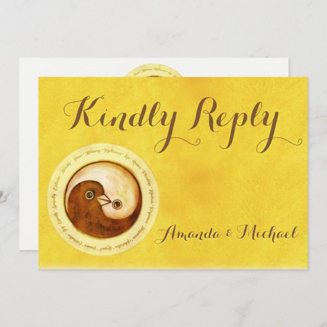 KINDLY REPLY WEDDING CARD Gold YinYang doves Harmo (Front/Back)