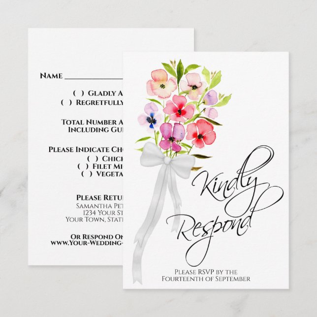 Kindly Respond Pansy Wildflowers Bouquet Wedding RSVP Card (Front/Back)