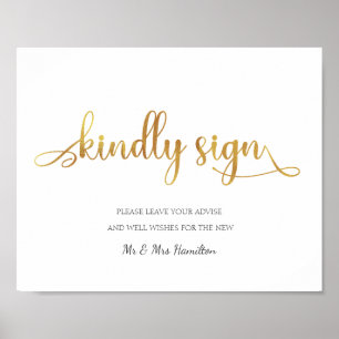 "Kindly sign" gold white guest book Wedding Sign