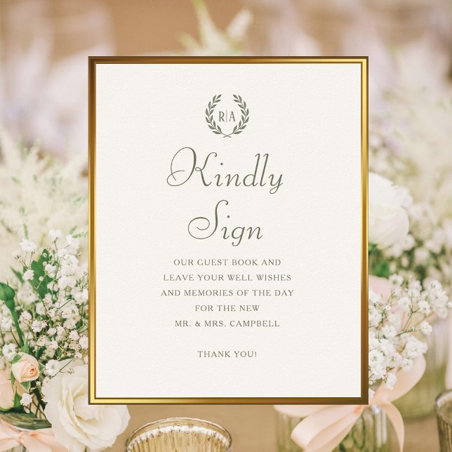 Kindly Sign Monogram Wedding Guest Book Green (Creator Uploaded)