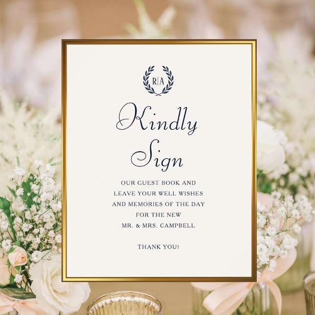 Kindly Sign Monogram Wedding Guest Book Navy Cream (Creator Uploaded)