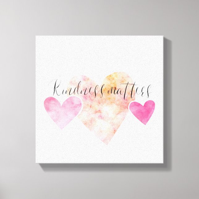 Kindness Matters Pink Watercolor Hearts Canvas Print (Front)