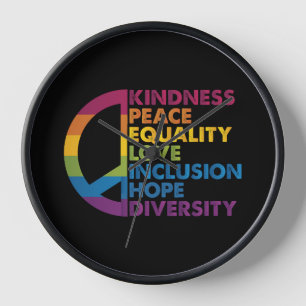 Kindness Peace Equality Love Inclusion Hope Divers Clock