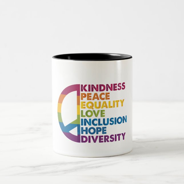 Kindness Peace Equality Love Inclusion Hope Divers Two-Tone Coffee Mug (Center)