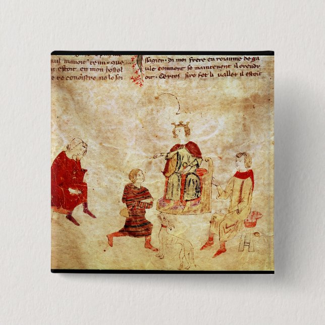 King Arthur on his Throne Surrounded 15 Cm Square Badge (Front)