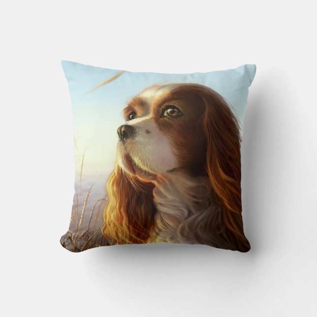 King Charles cavalier dog in autumn painting Cushion (Front)