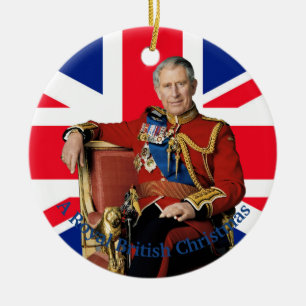 King Charles III British flag Christmas Greeting Ceramic Tree Decoration