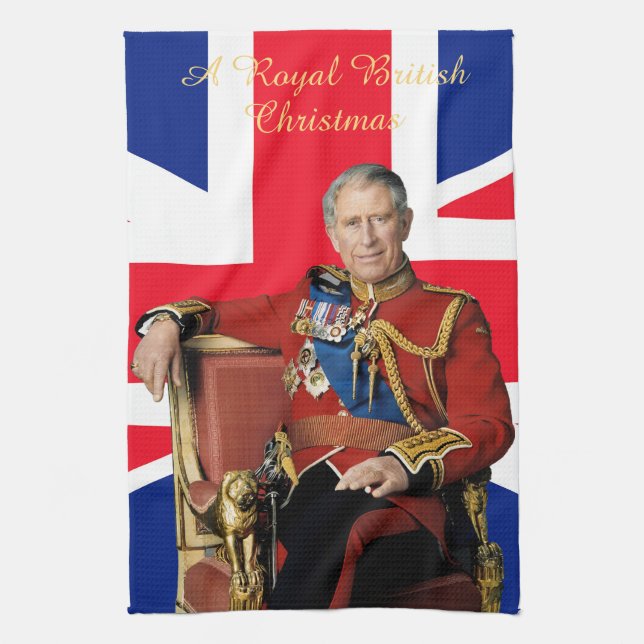 King Charles III British flag Christmas Greeting Tea Towel (Vertical)