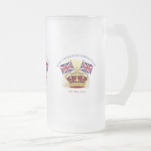 King Charles III Coronation Crown and Flags Frosted Glass Beer Mug