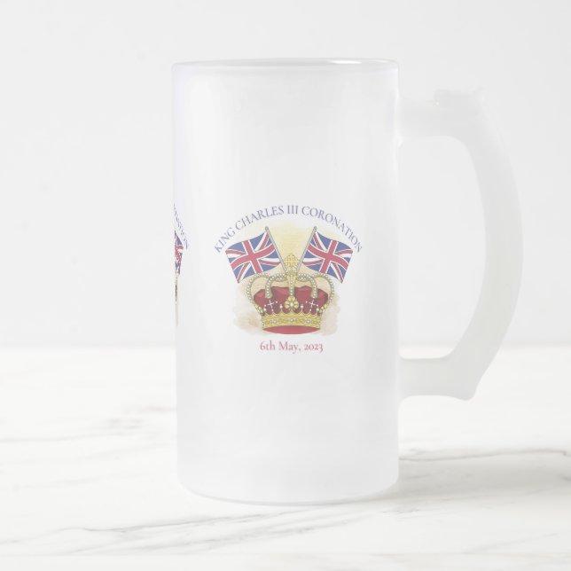 King Charles III Coronation Crown and Flags Frosted Glass Beer Mug (Right)