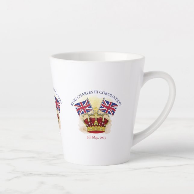 King Charles III Coronation Crown and Flags Latte Mug (Right)