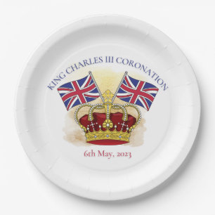 King Charles III Coronation Crown and Flags Paper  Plate