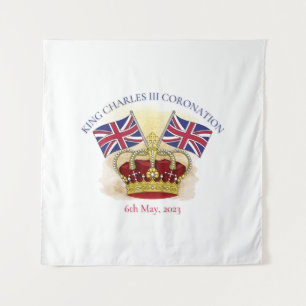 King Charles III Coronation Crown and Flags Tapestry