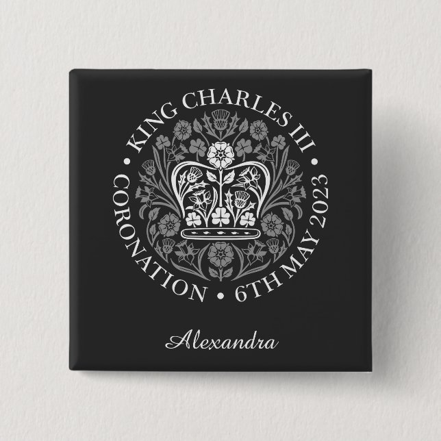 King Charles III Coronation Custom Name White Logo 15 Cm Square Badge (Front)