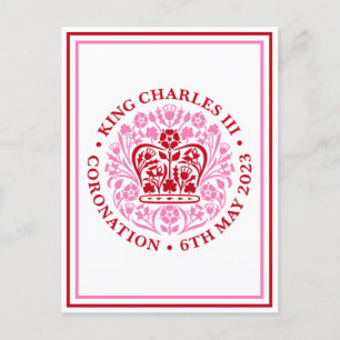 King Charles III Coronation Emblem Logo Red Pink Postcard