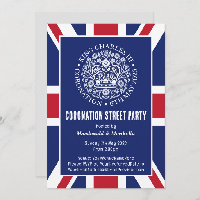 KING CHARLES III CORONATION Street Party Invitation (Front/Back)