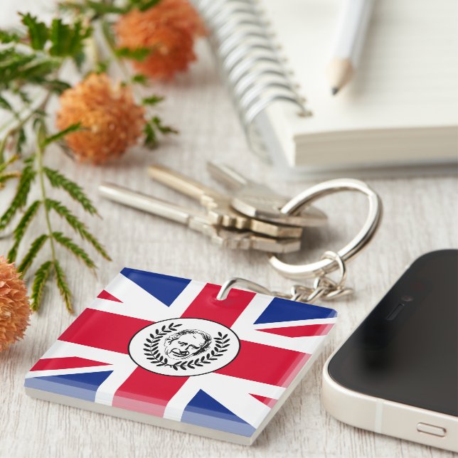 King Charles III on British Union Jack Flag Key Ring (Front Right)