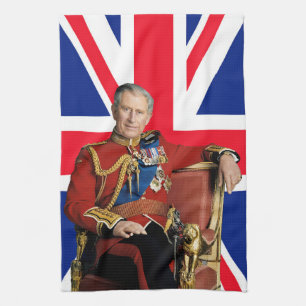 King Charles III with British flag Tea Towel