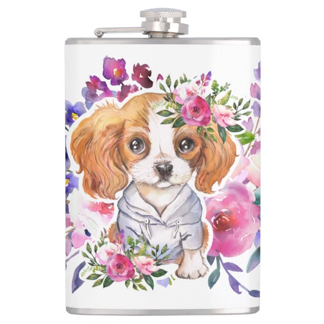 King Charles Spaniel with Flowers Classic Mug Hip Flask (Front)