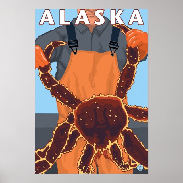King Crab and Fisherman Vintage Travel Poster (Front)